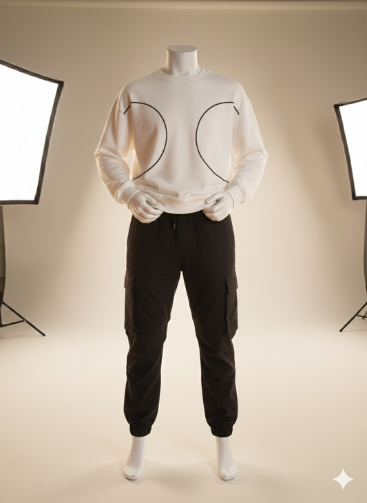 White Sweatshirt with Curved Black Stitch Detail and Back Print
