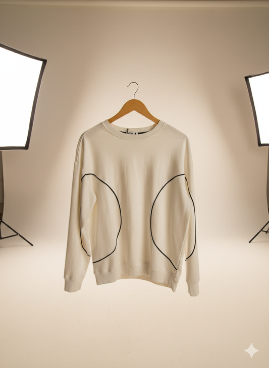 White Sweatshirt with Curved Black Stitch Detail and Back Print