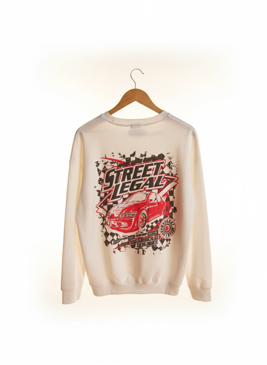 White Sweatshirt with Curved Black Stitch Detail and Back Print