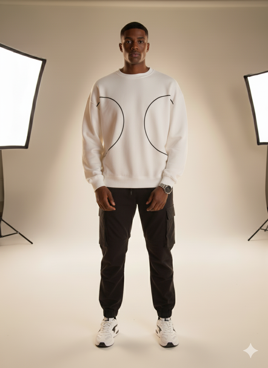 White Sweatshirt with Curved Black Stitch Detail and Back Print
